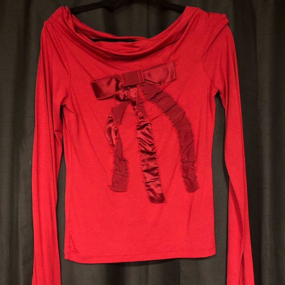 BCBG MaxAzria red holiday ribbon long sleeve top.